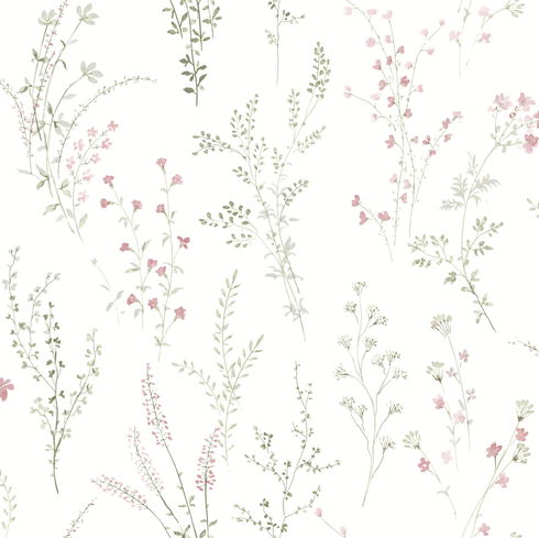 Wildflower Sprigs Pink & Green Wallpaper