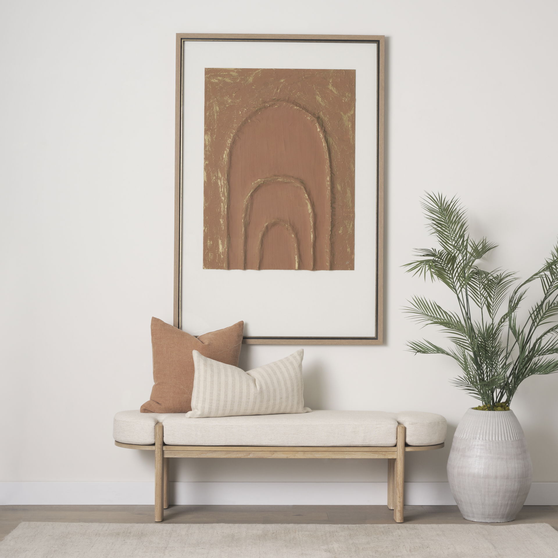 Sohan Light Brown Elm Wood with Oatmeal Fabric Bench, Benche by Mercana, 63" length x 18" width x 19" height View 2