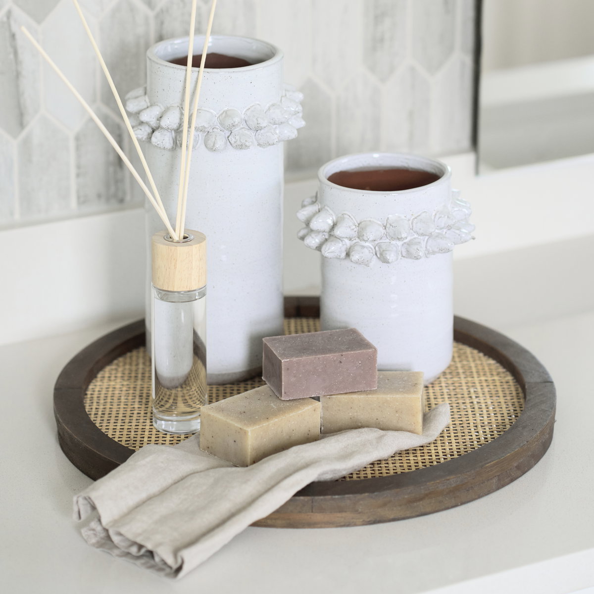 Silas Cane and Medium Brown Wood Round Tray, Decorative Tray by Mercana, 15.75" length x 15.75" width x 0.98" height View 2