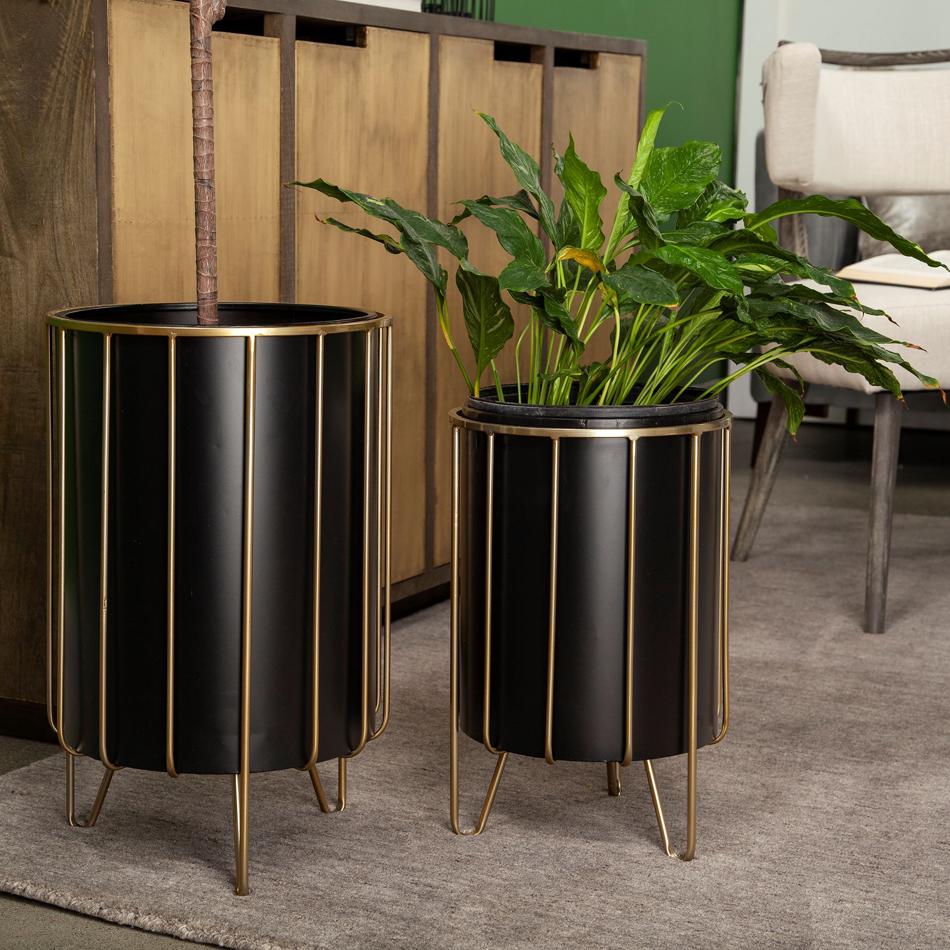 Pianta 13 x 21 Set of Two Black Metal Insert Brass Frame Plant Stands, Planter by Mercana, 12.8" length x 12.8" width x 20.87" height View 2