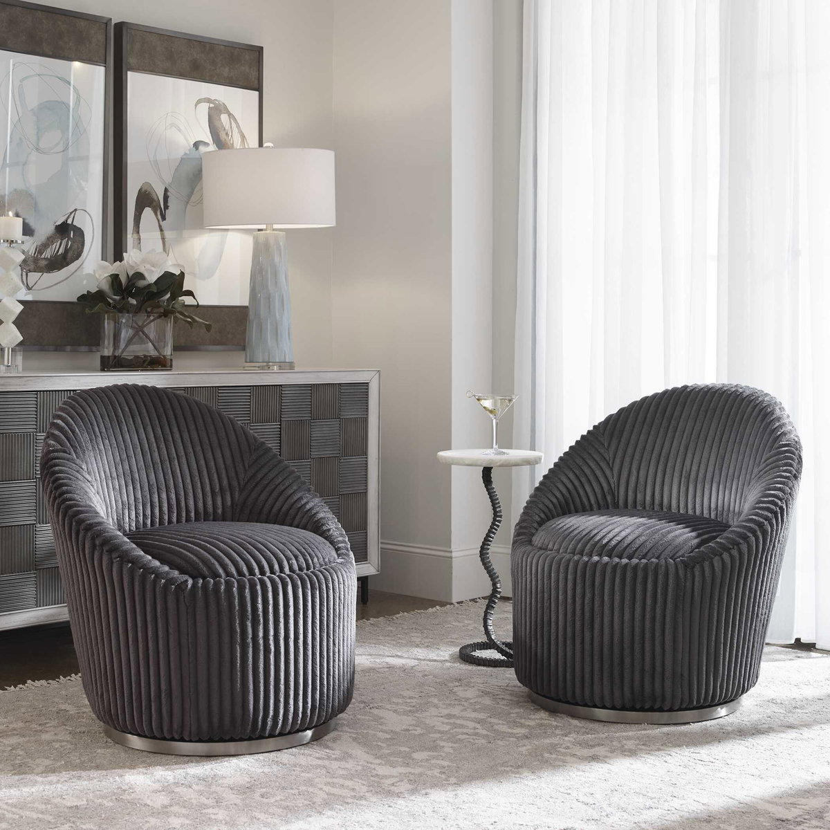 Crue Gray Fabric Swivel Chair, Furniture by Uttermost, 29.2" width x 32" height x 31" depth View 4
