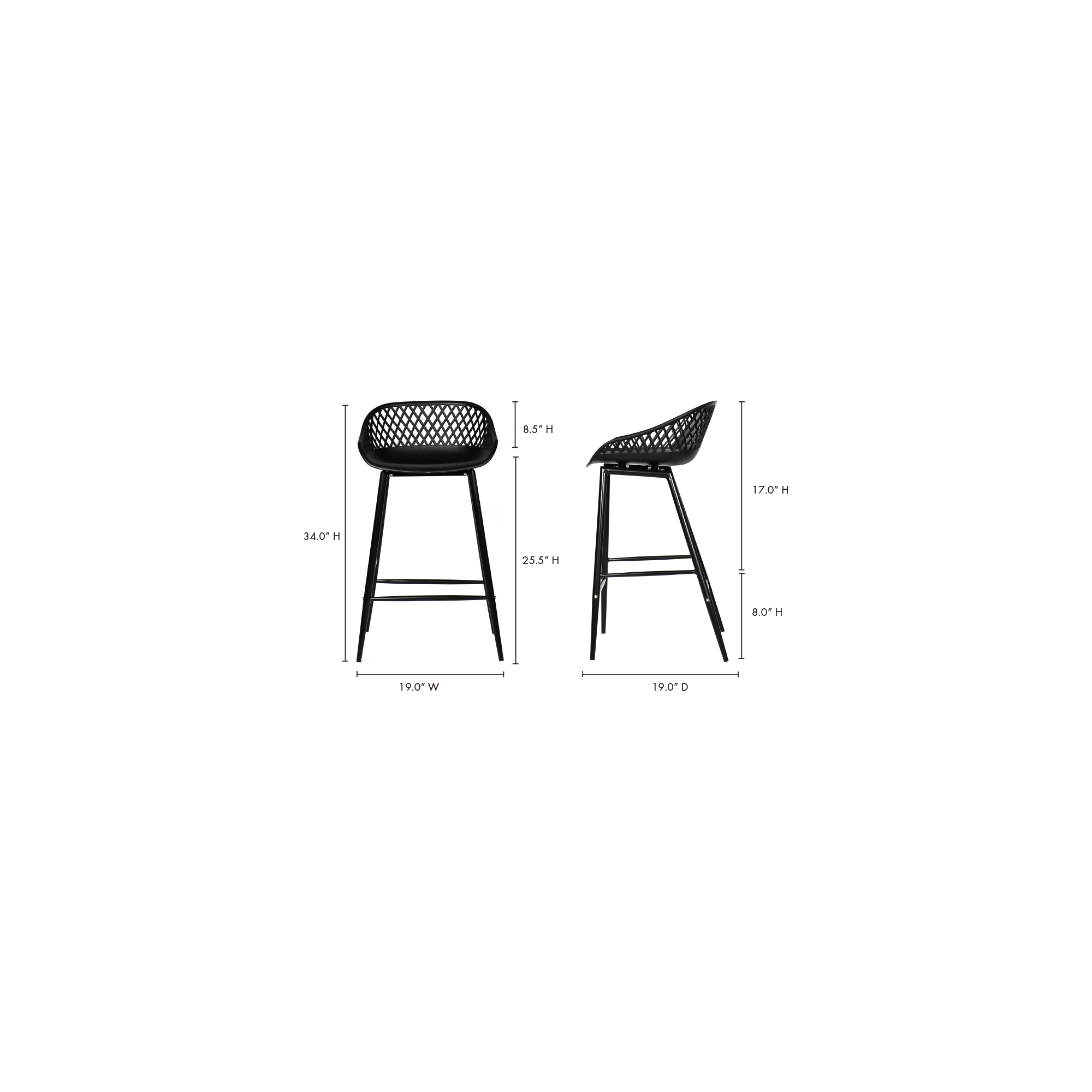 Piazza Outdoor Counter Stool Black - Set Of Two, Counter & Bar Stool by Moe's Home, 19" width x 34" height x 19" depth View 8