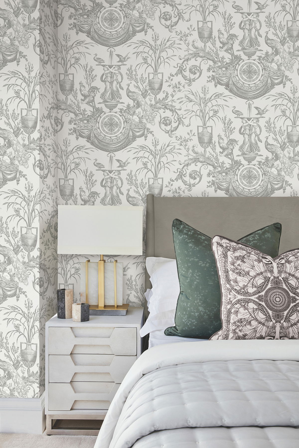 Avian Fountain Toile Grey Wallpaper large image 