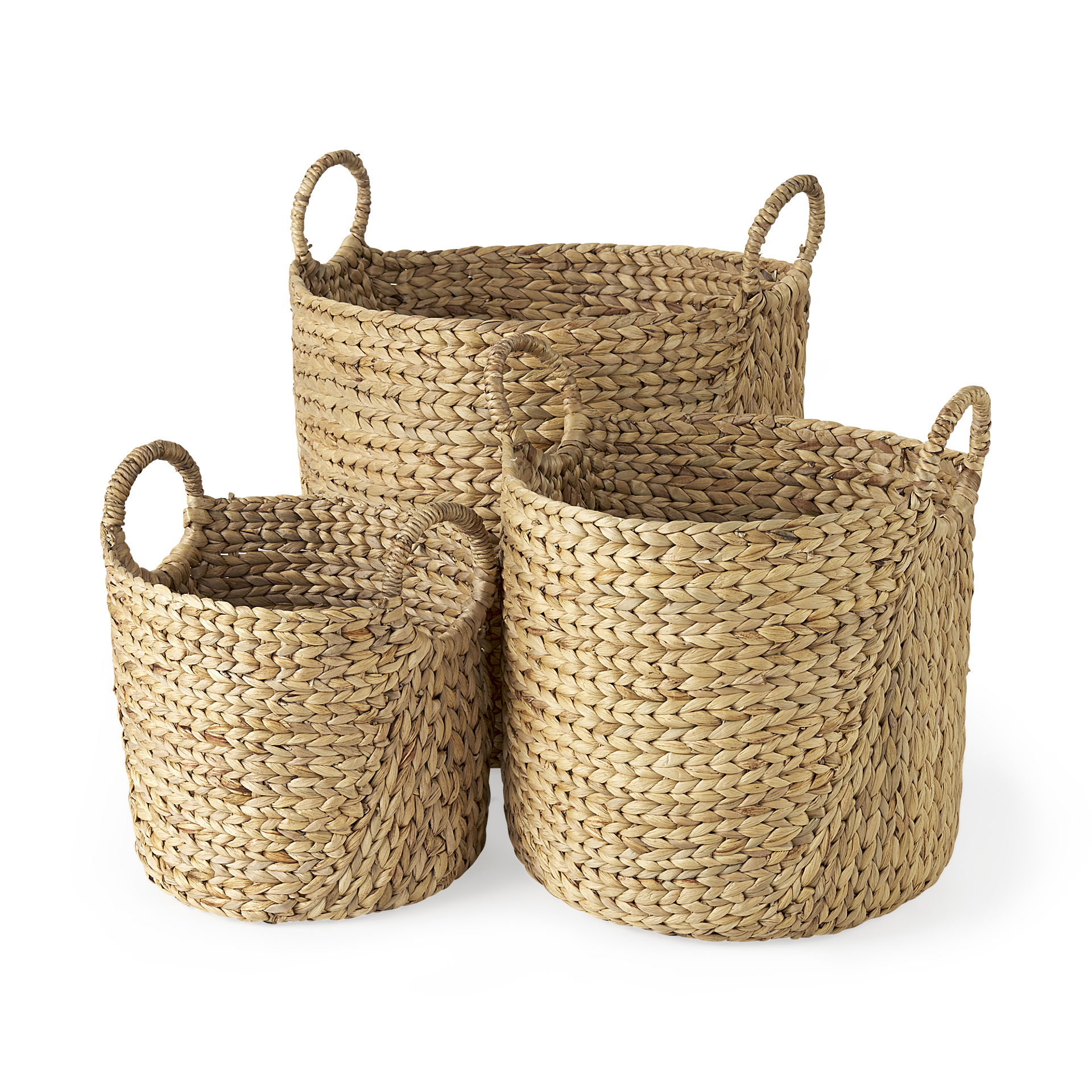 Sivan  (Set of 3) Light Brown Water Hyacinth Round Basket with Handles, Bins & Basket by Mercana, 19.69" length x 19.69" width x 23.62" height View 1