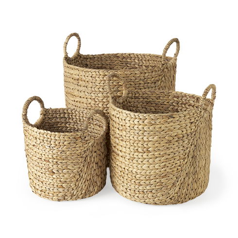 Sivan (Set of 3) Light Brown Water Hyacinth Round Basket with Handles