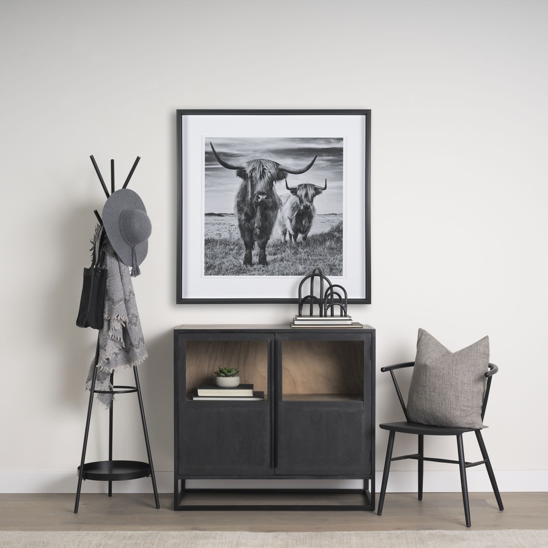 Everett Matte Black Metal with Two Metal Shelves Coat Rack, Stands, Racks & Hook by Mercana, 17" length x 17" width x 71" height View 2