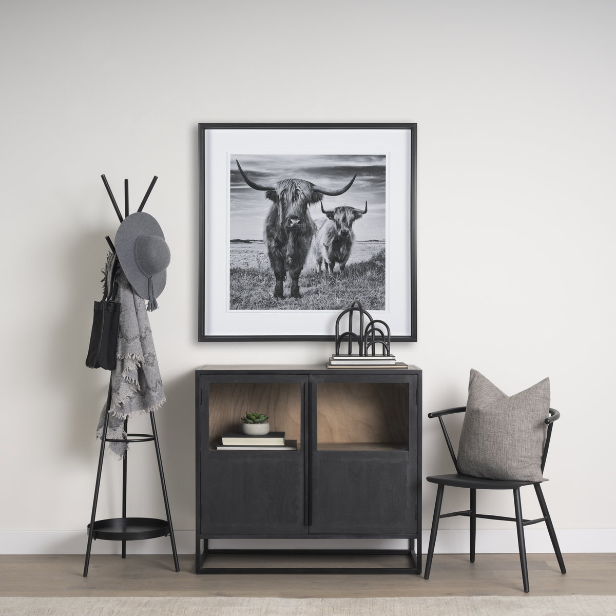 Everett Matte Black Metal with Two Metal Shelves Coat Rack, Stands, Racks & Hook by Mercana, 17" length x 17" width x 71" height View 2