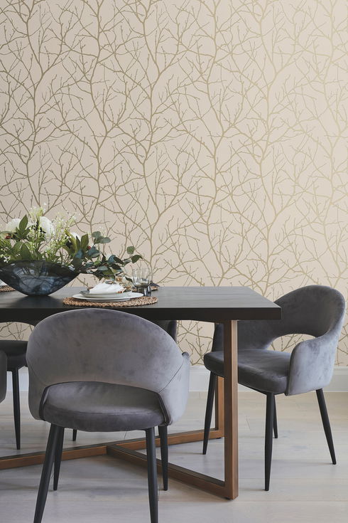 Trees Silhouette Beige & Gold Wallpaper