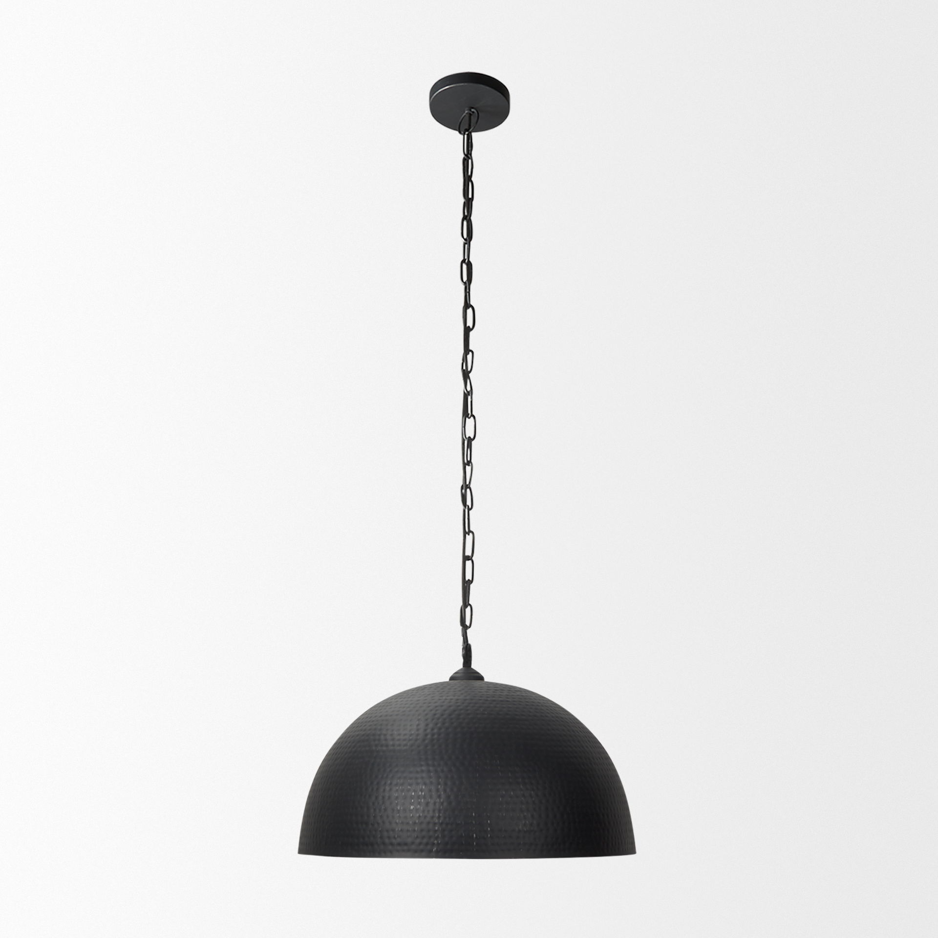 Karina 24' Round Matte Black Hammered Metal Dome Pendant Light, by Mercana, 24" length x 24" width x 17" height View 4