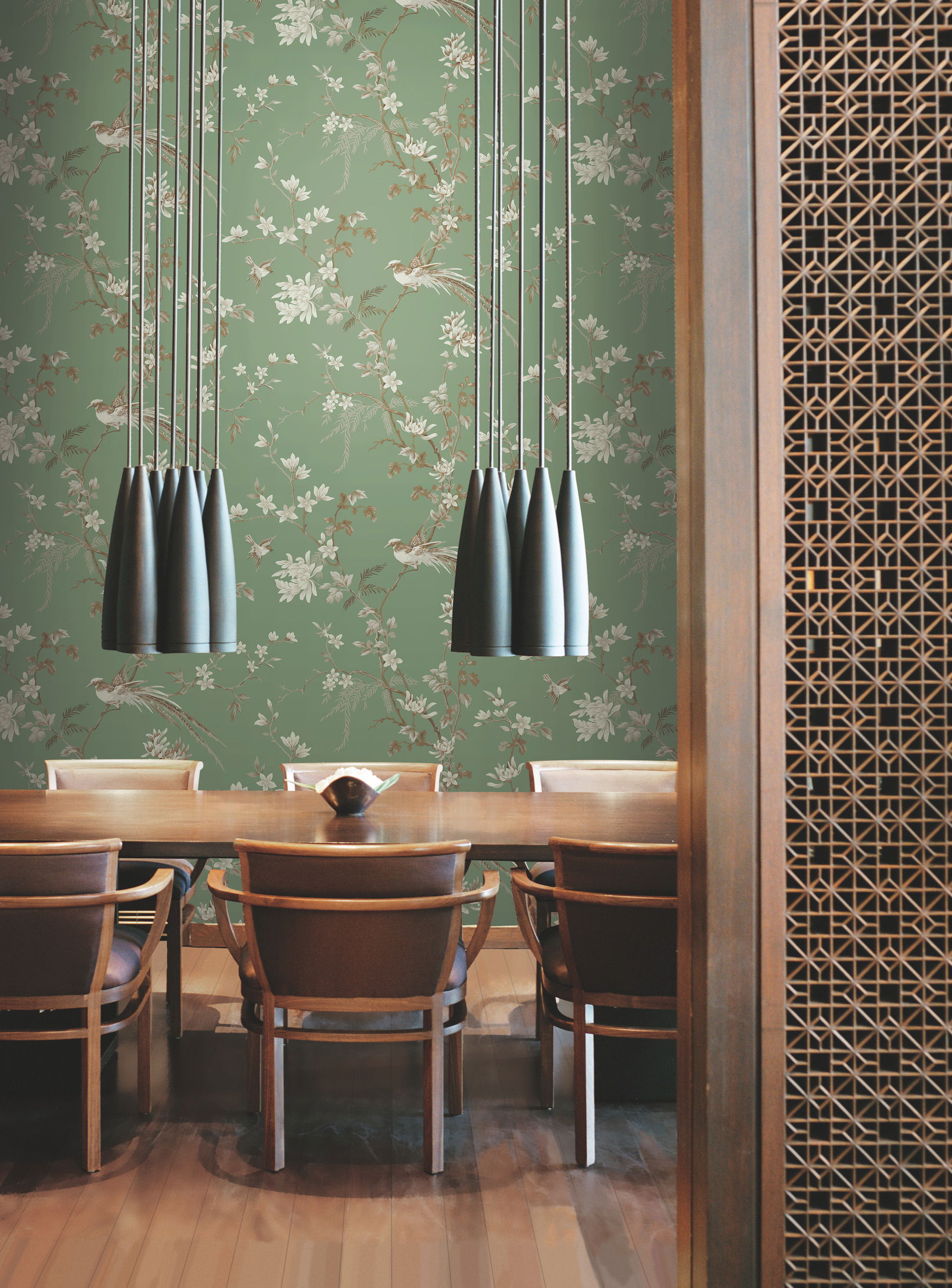 Bird & Blossom Chinoserie Green Wallpaper large image 