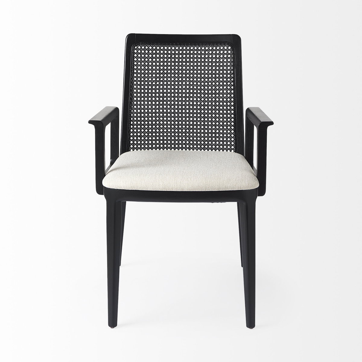 Clara Cane Back Dining Arm Chair | Cream Fabric with Black Wood, Dining Chair by Mercana, 22.5" length x 23.5" width x 33.75" height View 6