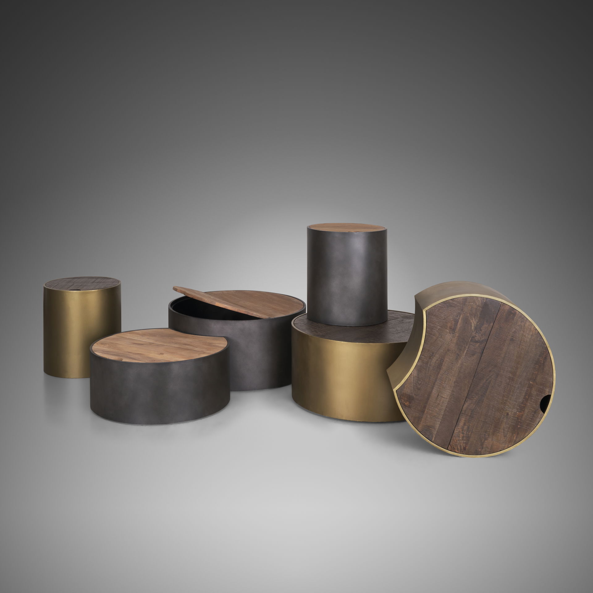 Eclipse Gunmetal Gray Drum Base with Brown Wood Top Nested Coffee Table, by Mercana, 36.22" length x 36.22" width x 17.32" height View 2