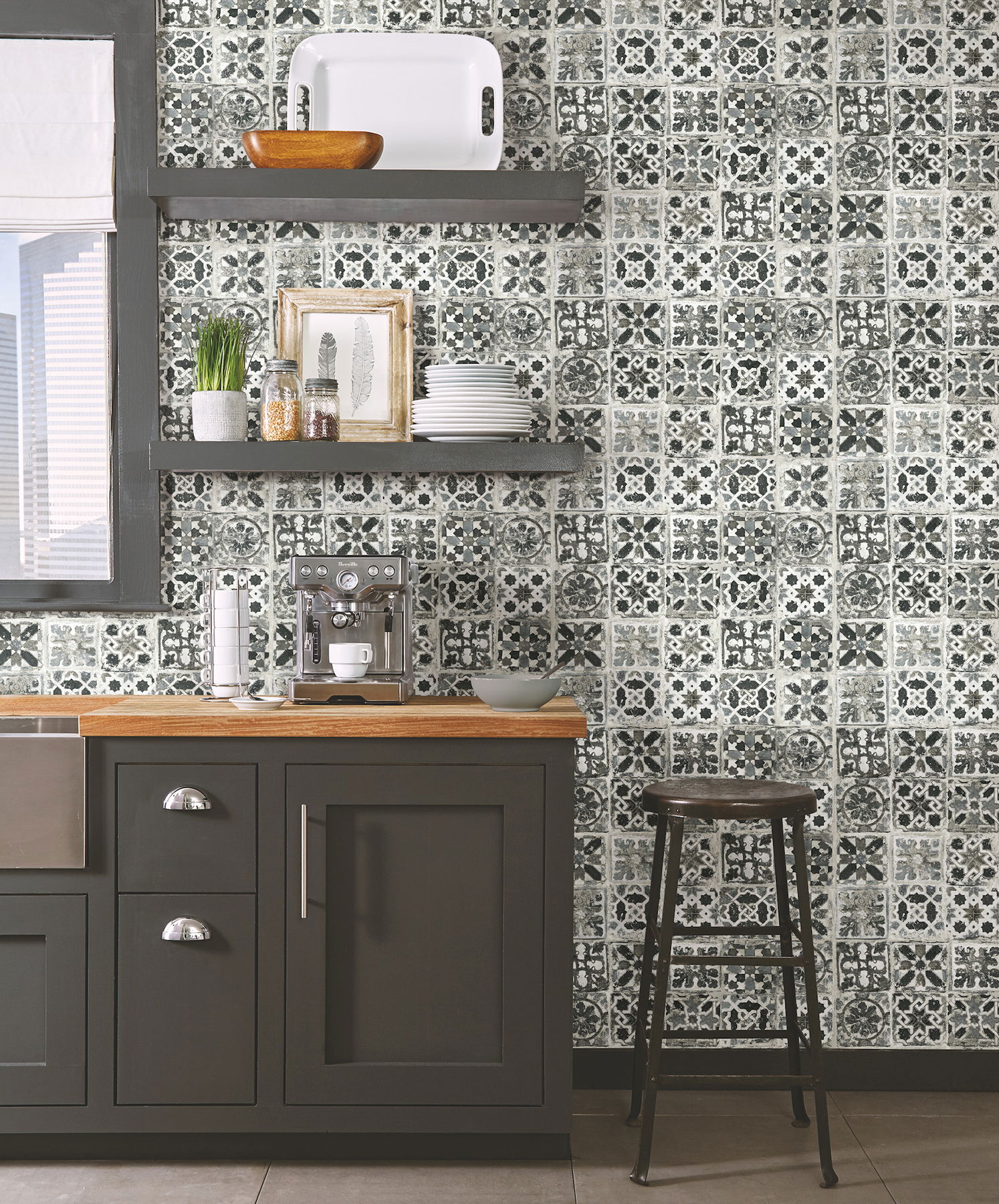 Encaustic Tile Black Peel & Stick Wallpaper large image 