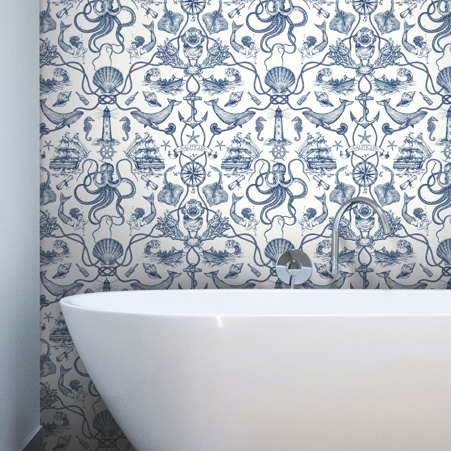 Deep Sea Toile Blue Wallpaper, by York Wall, 33' length x 1'8.5" width x 0.02" depth View 2