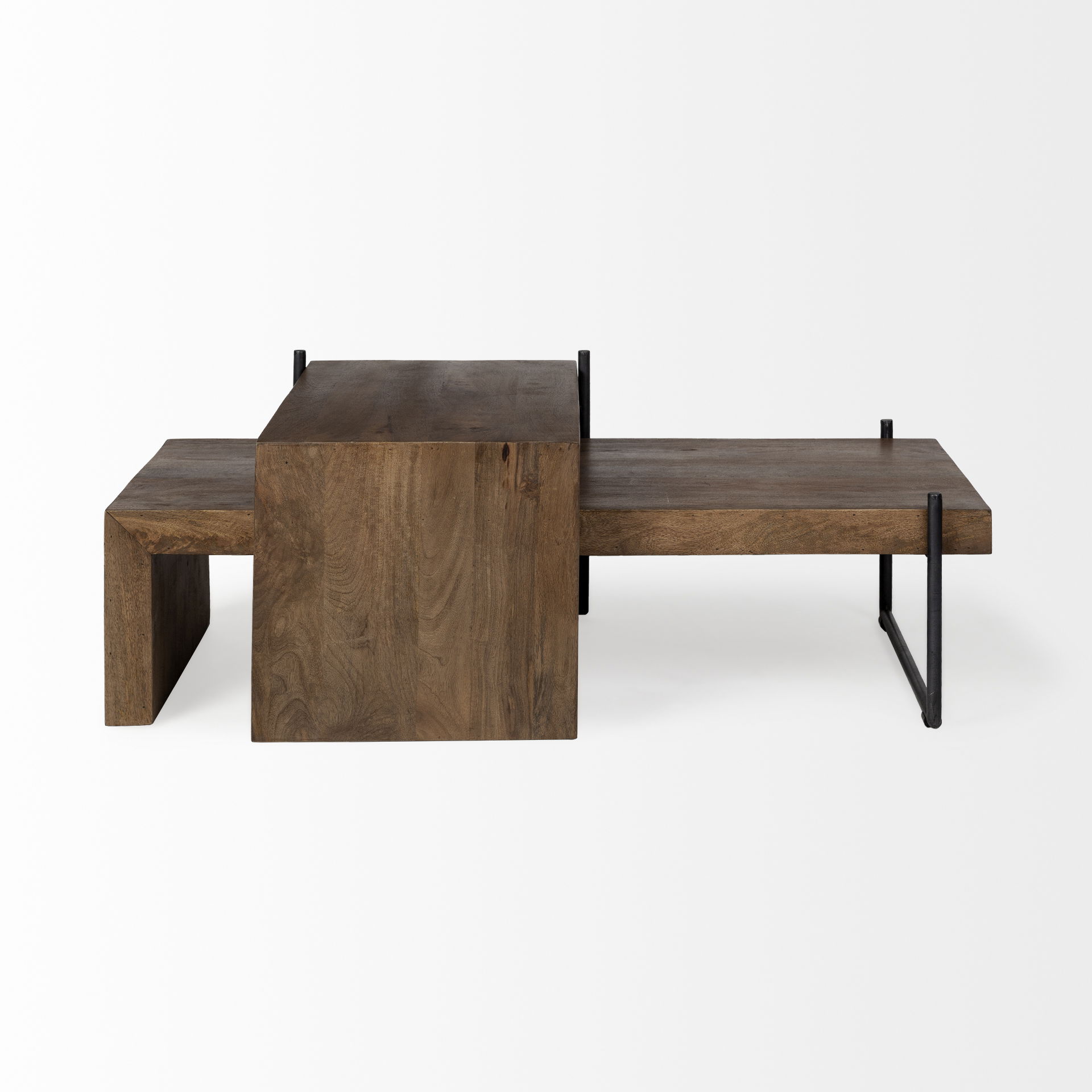 Maddox Set of 2 Brown Solid Wood Top Black Metal Base Nesting Coffee Tables large image 