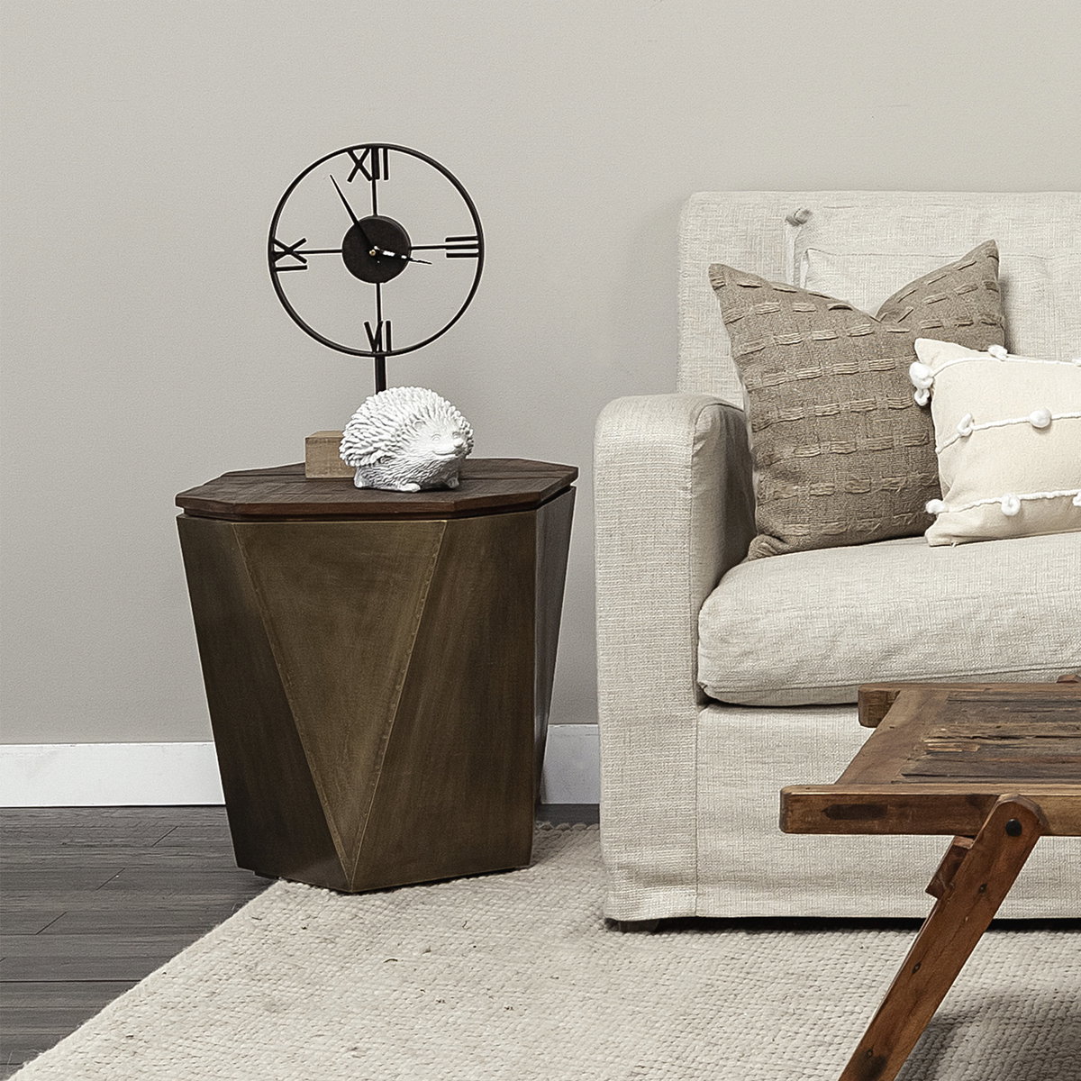 Esagono Octagonal Gold Metal-Clad Reclaimed Wood End/Side Table with Storage, Side & End Table by Mercana, 19" length x 19" width x 21" height View 4