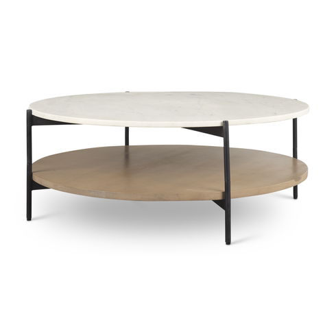 Larkin Marble Top with Brown Wood Shelf Round Coffee Table