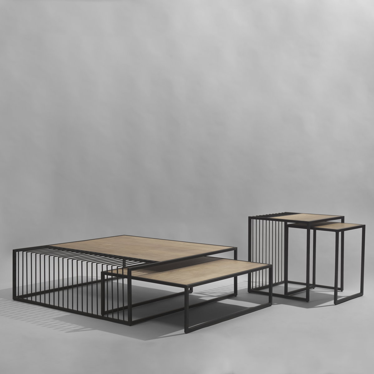 Miles Black Metal with Light Wood Nesting Coffee Table, by Mercana, 48" length x 48" width x 15" height View 2