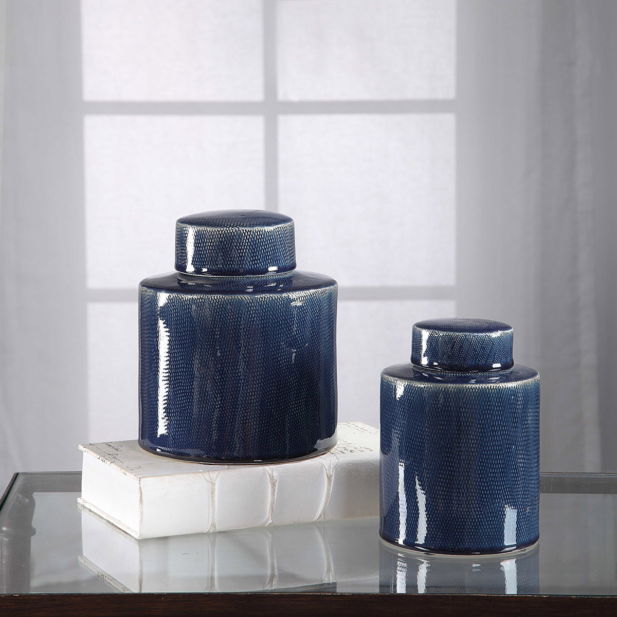 Saniya Blue Containers Set/2, Vase by Uttermost, 7" width x 8.25" height x 7" depth View 4