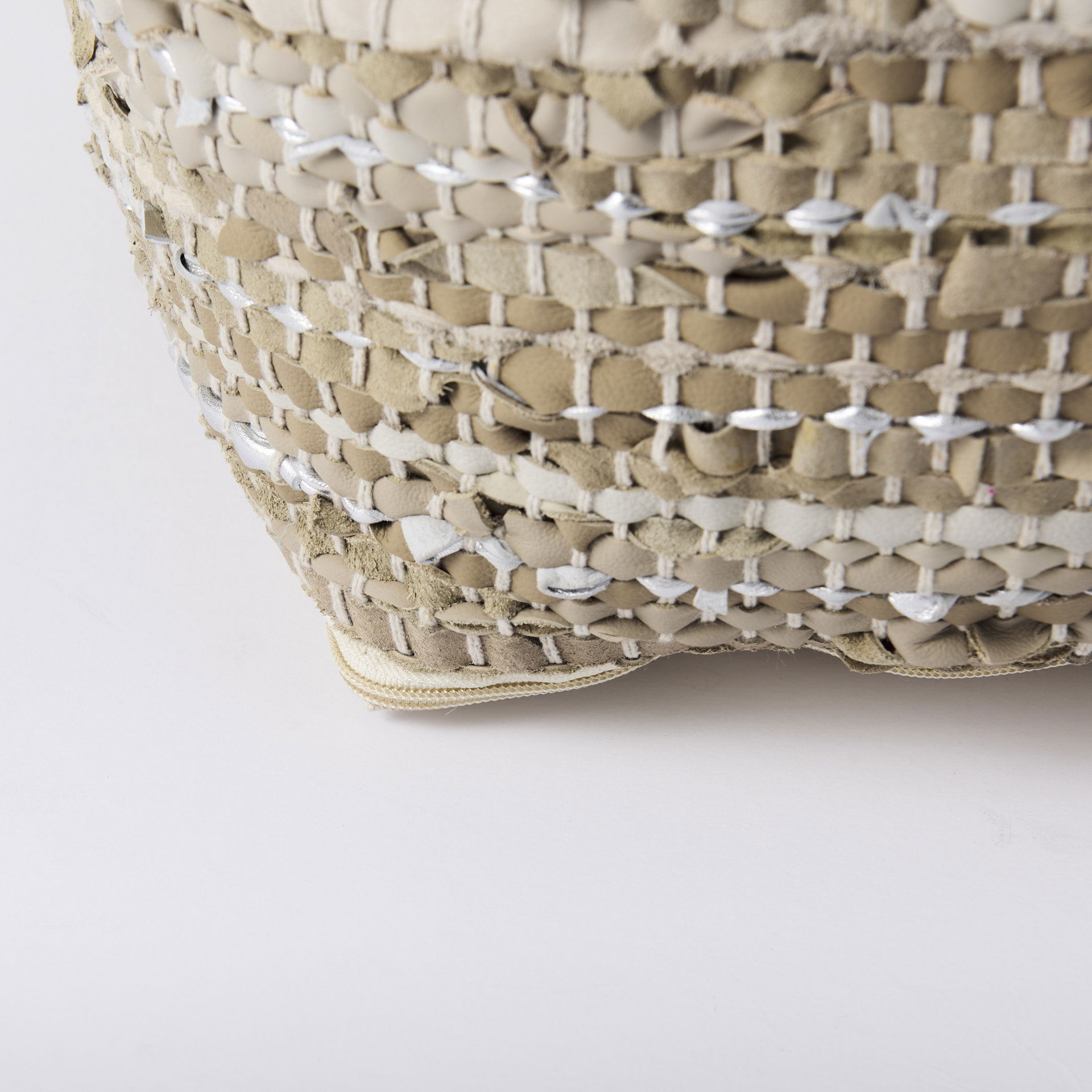 Aadhya  Taupe/Silver Leather and Cotton Pouf, Ottoman by Mercana, 16" length x 16" width x 16" height View 9