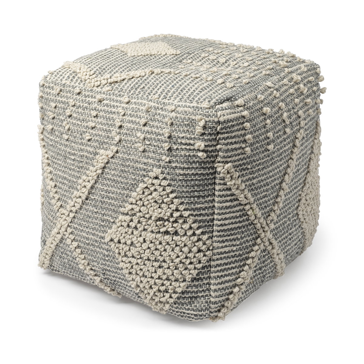 Brinket Gray/Cream Polyester Handwoven Square Pouf, Ottoman by Mercana, 17.72" length x 17.72" width x 17.72" height View 1
