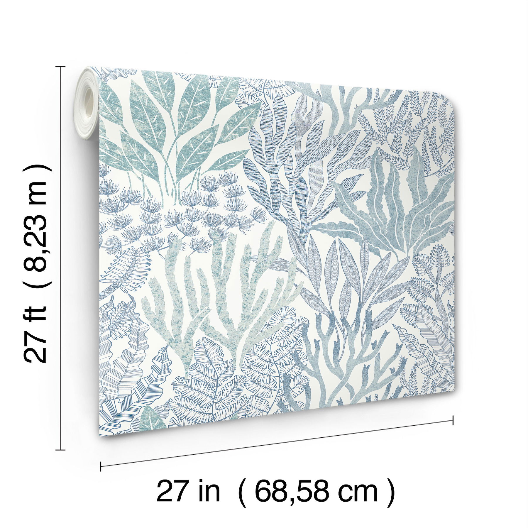 Coral Leaves Blue & Aqua Wallpaper, by York Wall, 27' length x 2'3" width x 0.02" depth View 8