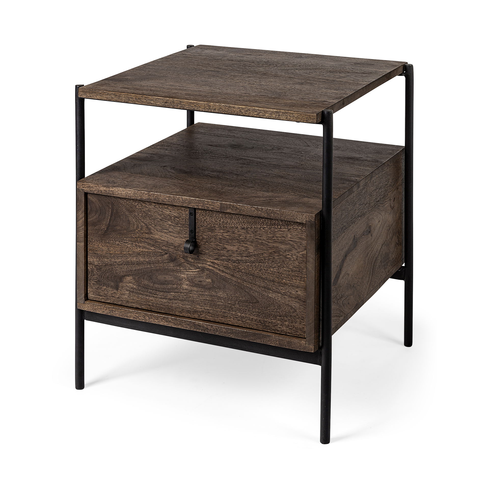Glenn I 20L x 21W x 24H Dark Brown Wood with Black Iron Frame Square End/Side Table, Side & End Table by Mercana, 20" length x 21" width x 24" height View 1