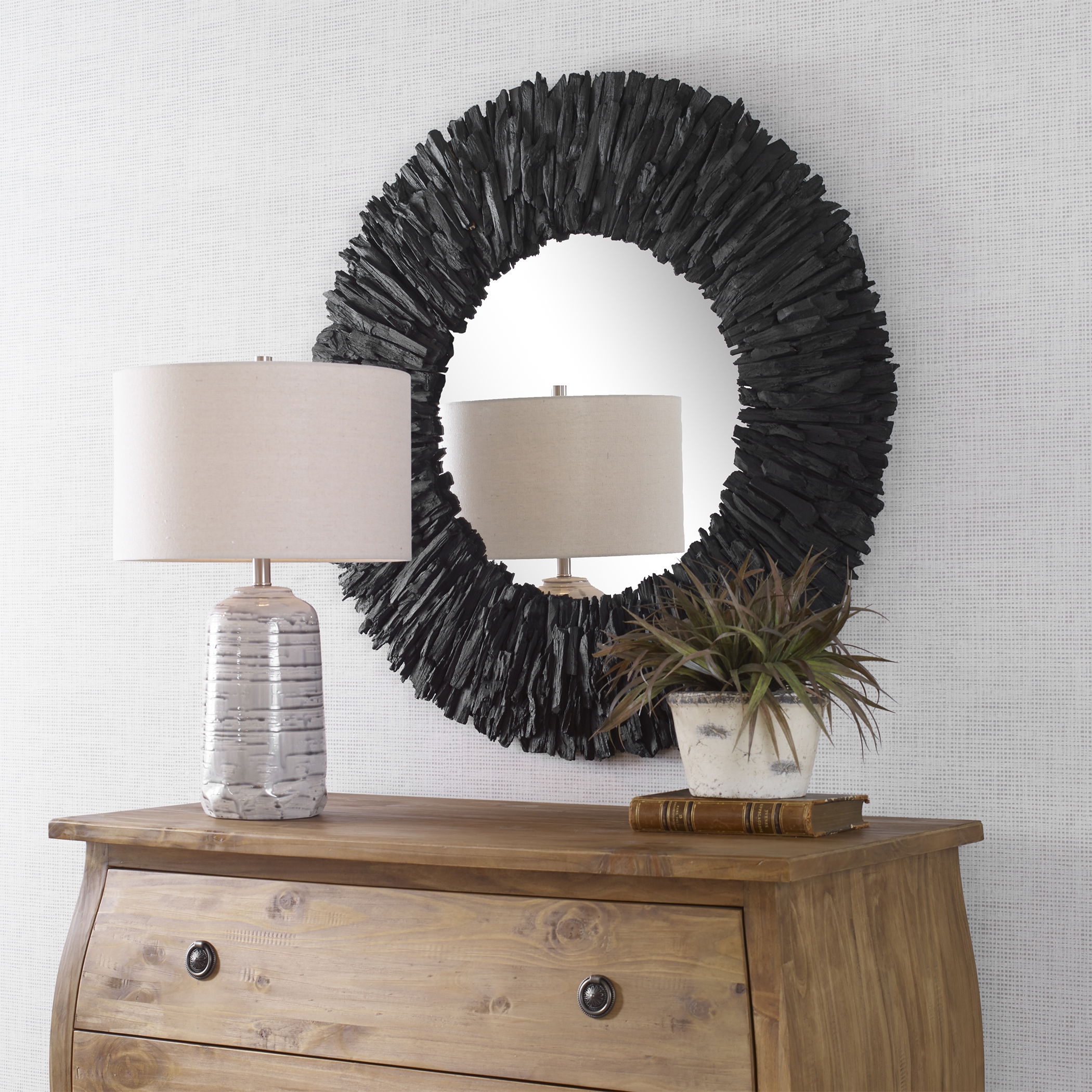 Teak Branch Black Round Mirror large image 