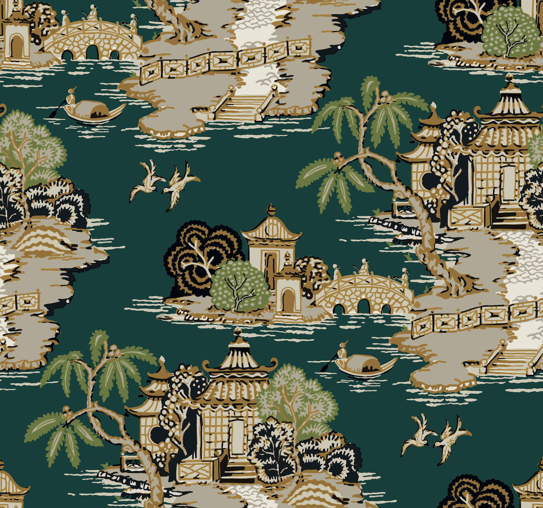 Pagoda And Sampan Scenic Forest Wallpaper, by York Wall, 27' length x 2'3" width x 0.02" depth View 1