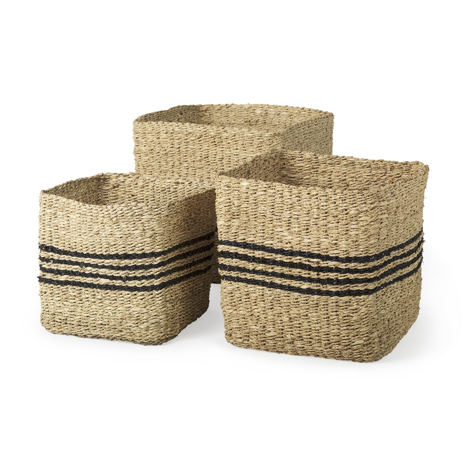 Cullen 15.7L x 15.7W x 15.7H (Set of 3) Grey Twisted Seagrass Square Basket, Bins & Basket by Mercana, 18.5" length x 13.39" width x 14.57" height View 1