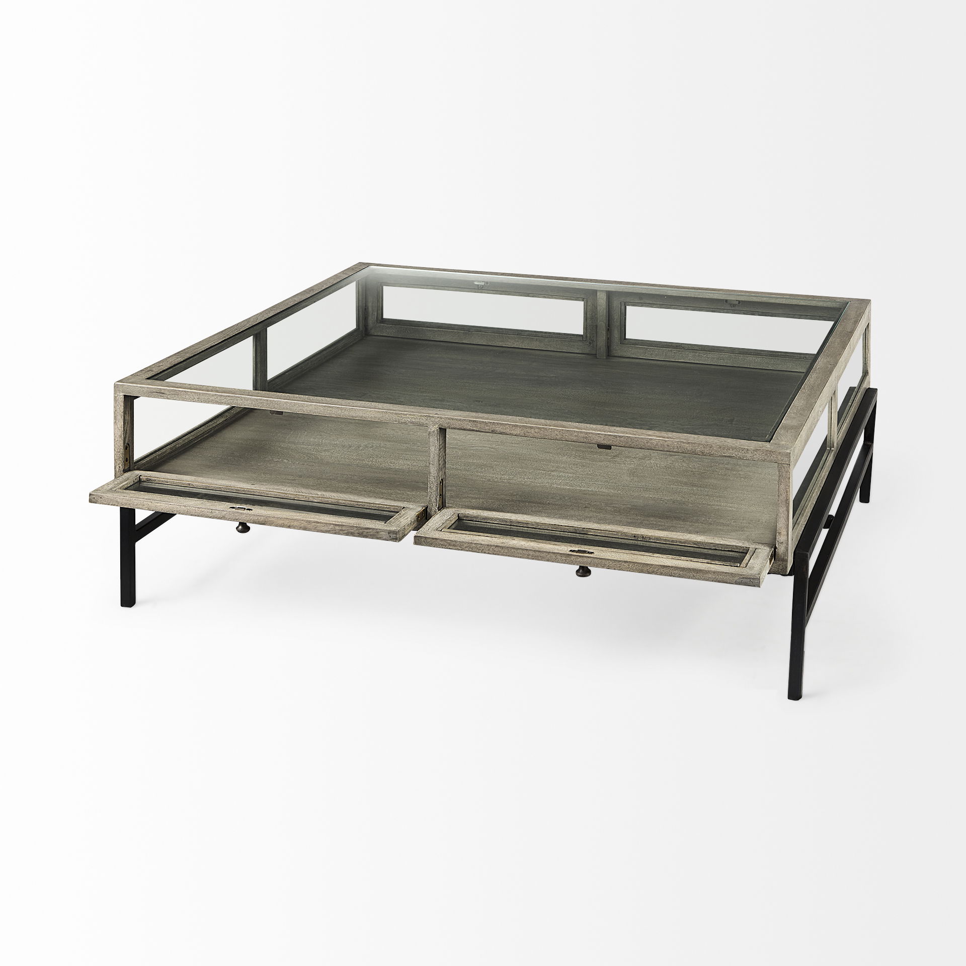 Arelius 42' Square Glass-Top Gray Wood with Black Metal Base Display Coffee Table, by Mercana, 43.5" length x 42" width x 15" height View 7