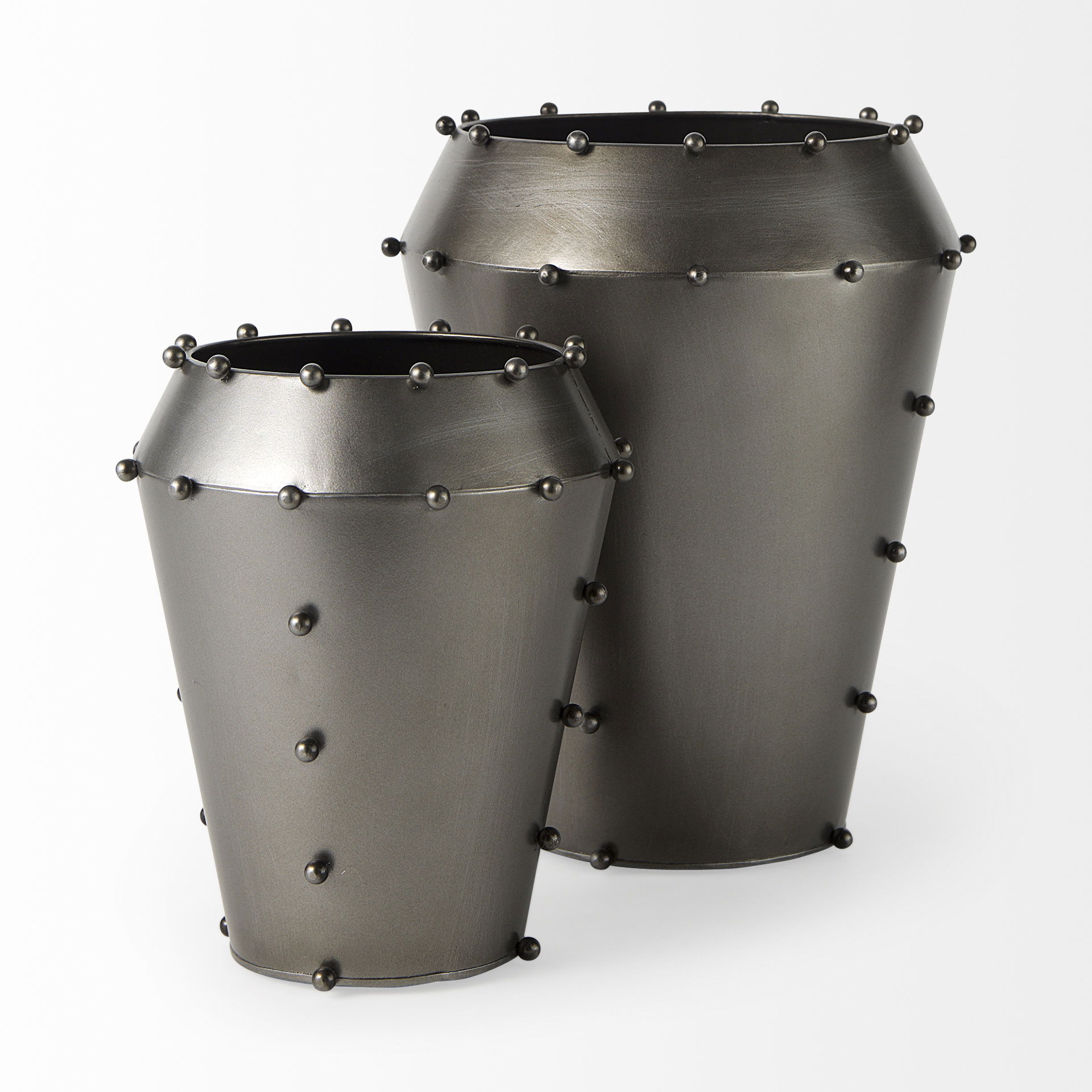 Elio 12.2H Large Gun Metal Gray Metal with Studs Vase, by Mercana, 9.84" length x 9.84" width x 12.2" height View 6