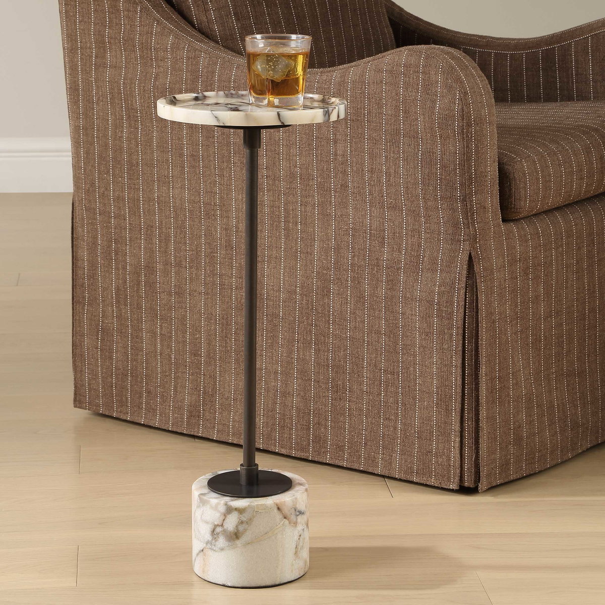 Brunson White Marble Drink Table, Side & End Table by Uttermost, 9.5" width x 24" height x 9.5" depth View 2