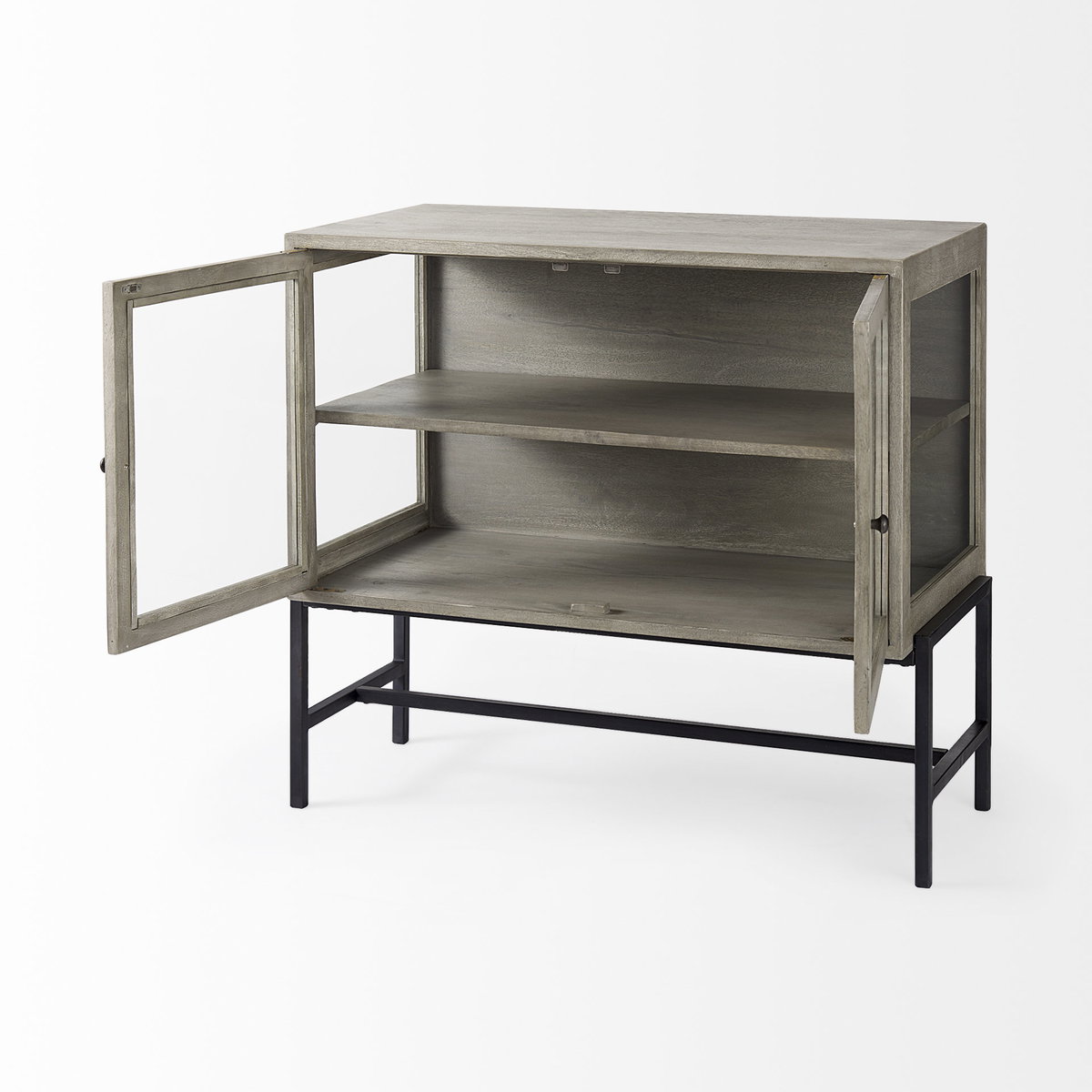 Arelius 36L x 18W x 32H Gray Wood, Black Metal Base with 2 Glass Doors Accent Cabinet, Cabinets & Chest by Mercana, 36" length x 22" width x 27" height View 6
