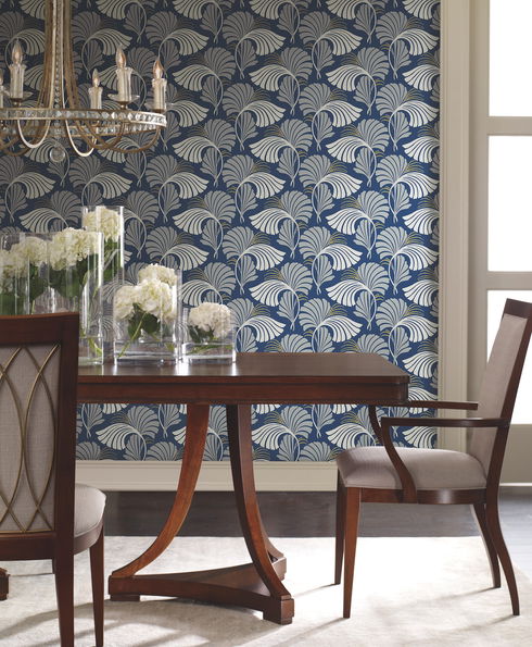 Dancing Leaves Navy Wallpaper