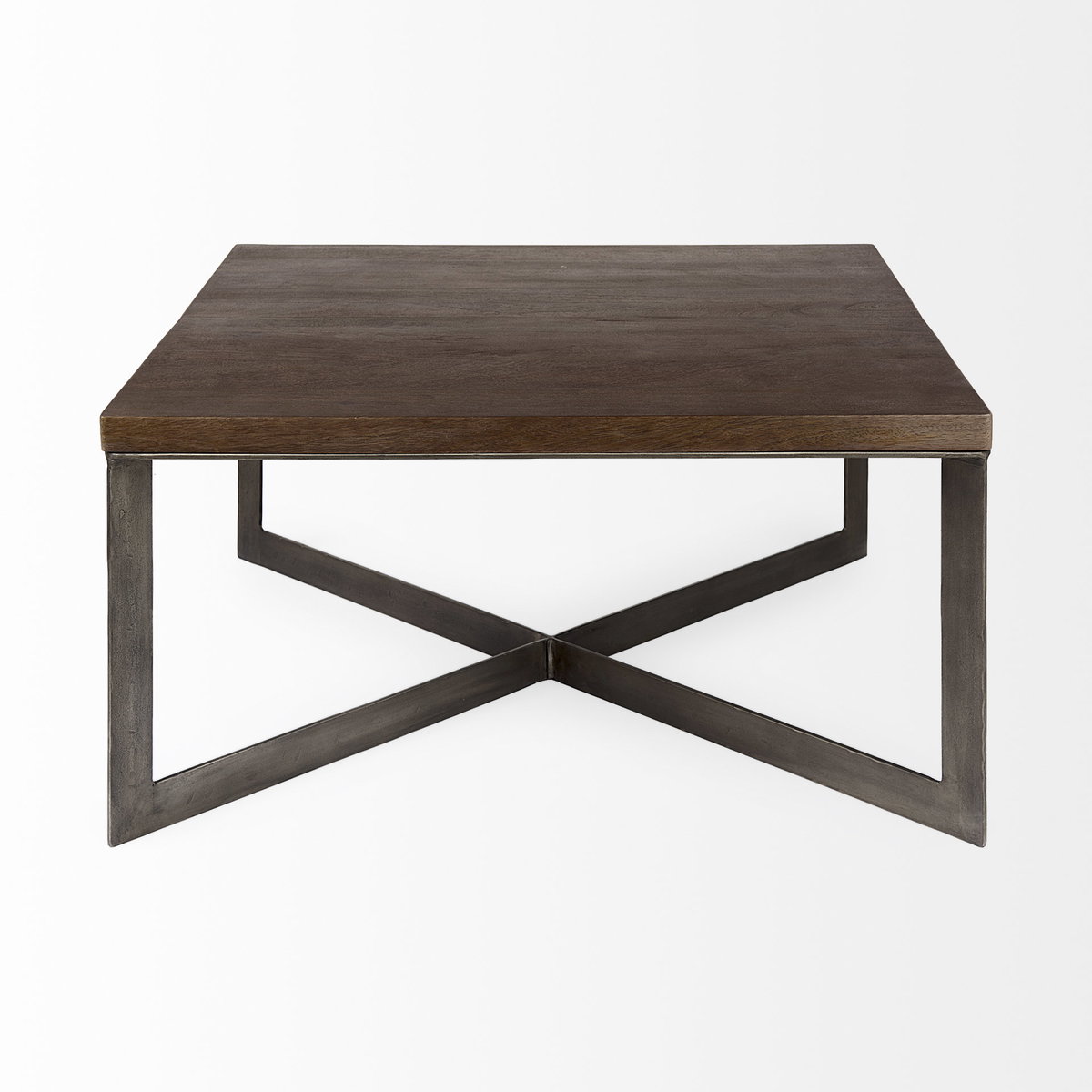 Faye 34L x 34W x 17H Medium Brown Wood with Antique Nickel Metal Base Square Coffee Table, by Mercana, 34" length x 34" width x 17" height View 3