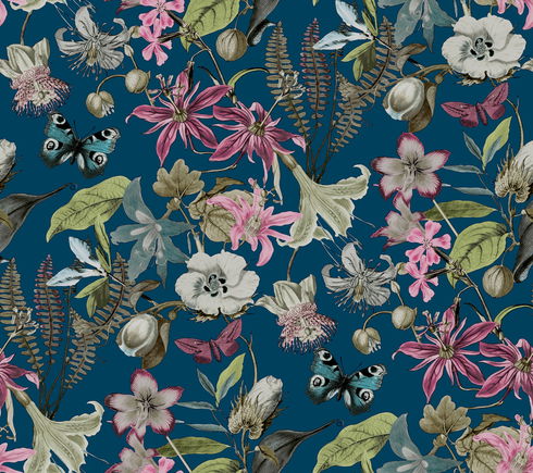 Butterfly House Navy Wallpaper