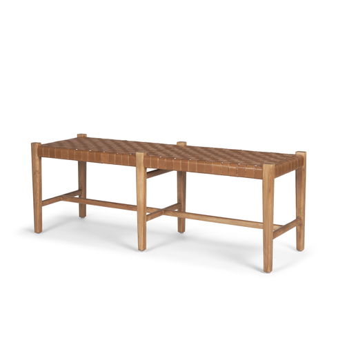 Shane Brown Wood with Woven Brown Leather Bench