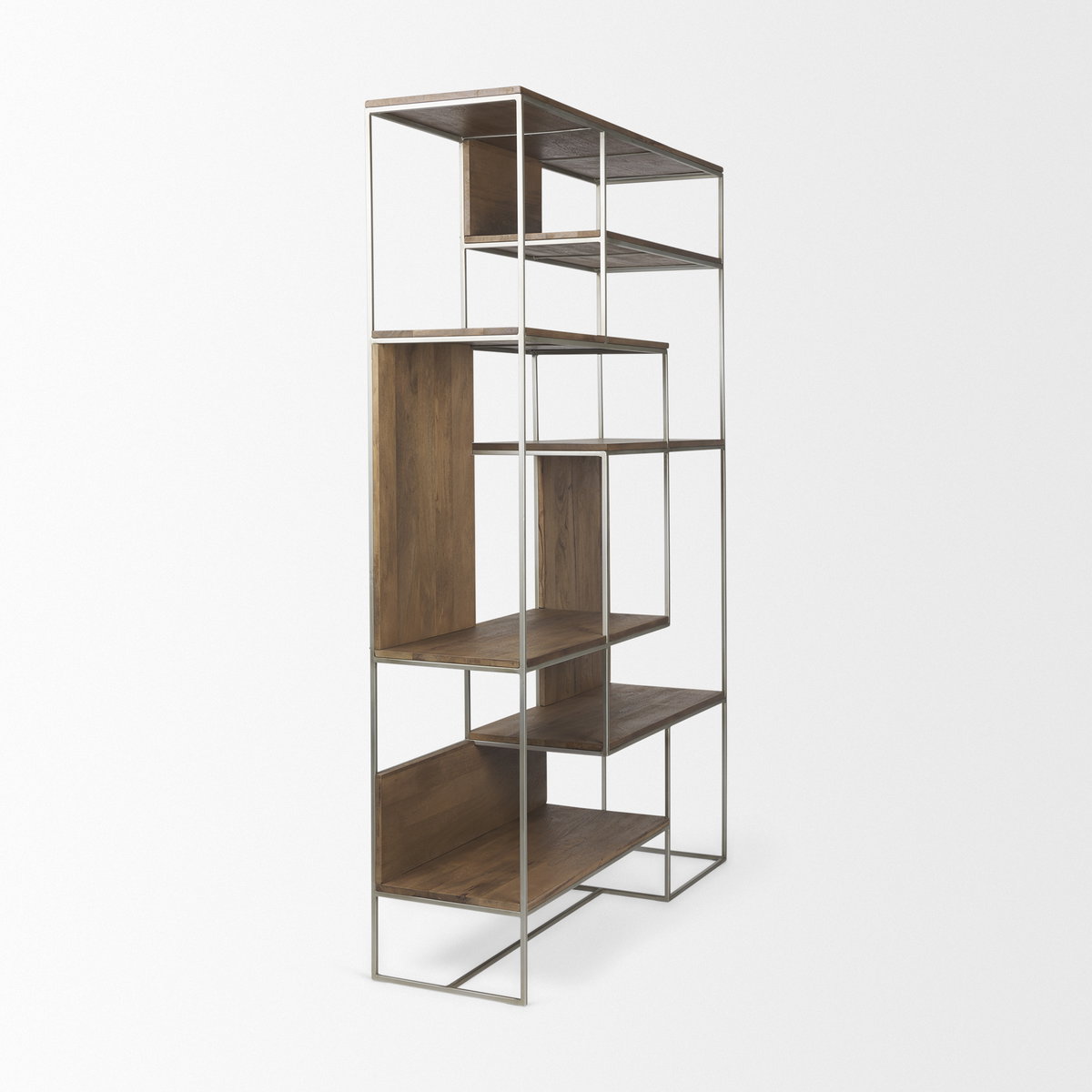 Morris III 47.25 X 15 X 75.5  Brown Wood and Silver Metal Frame 6 Shelf Shelving Unit, Shelving & Bookcase by Mercana, 47.25" length x 15" width x 75.5" height View 7