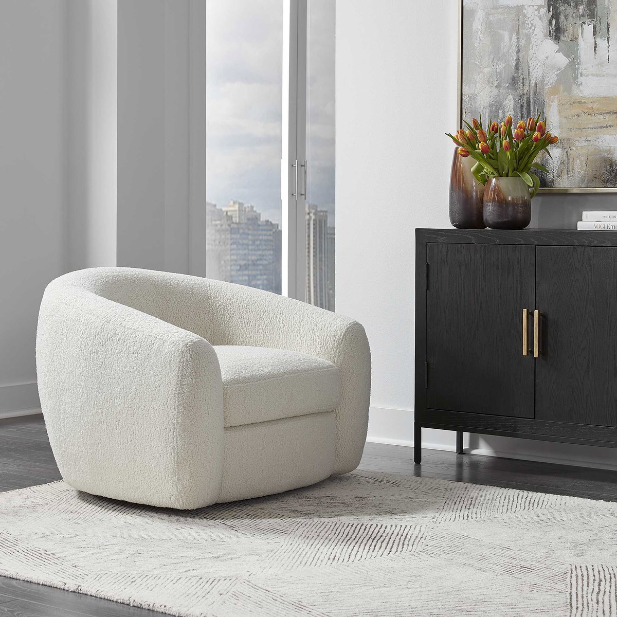 Capra Art Deco White Swivel Chair, Accent Chair by Uttermost, 43" width x 28" height x 37" depth View 8