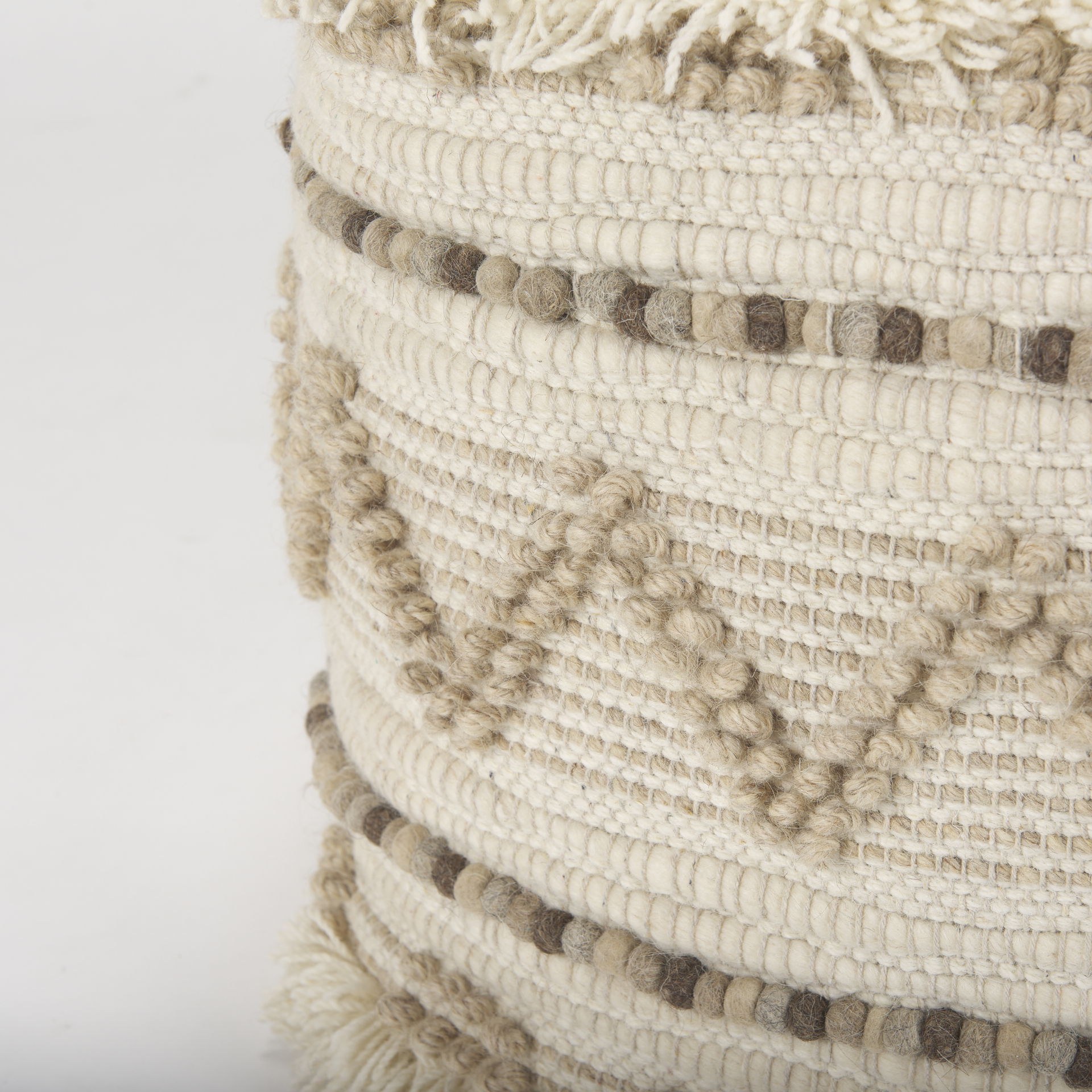 Caela Beige/Brown Wool, Cotton and Felt Popcorn Stitch Square Pouf large image 