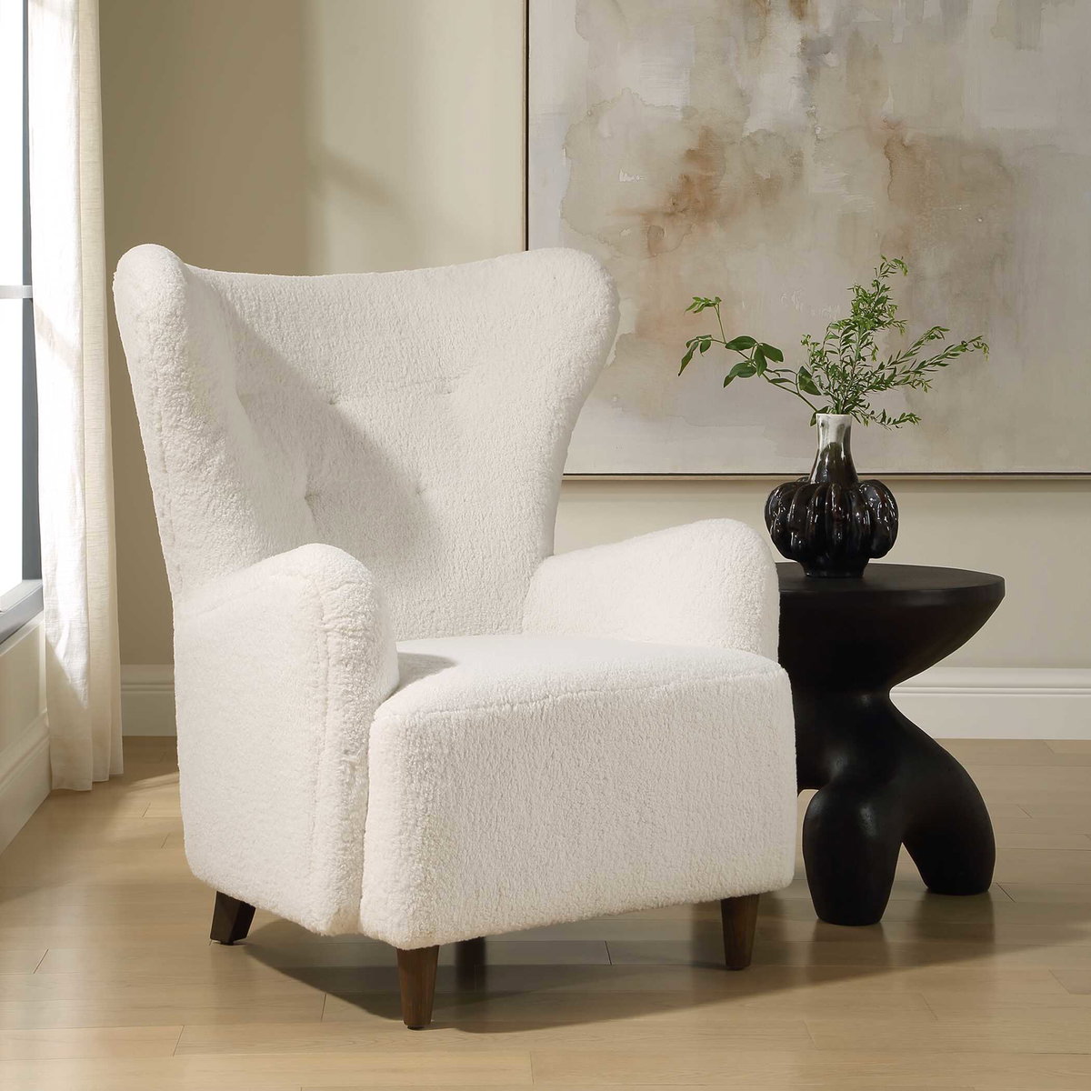 Ingel White Wingback Armchair, Accent Chair by Uttermost, 33" width x 39.5" height x 34" depth View 3