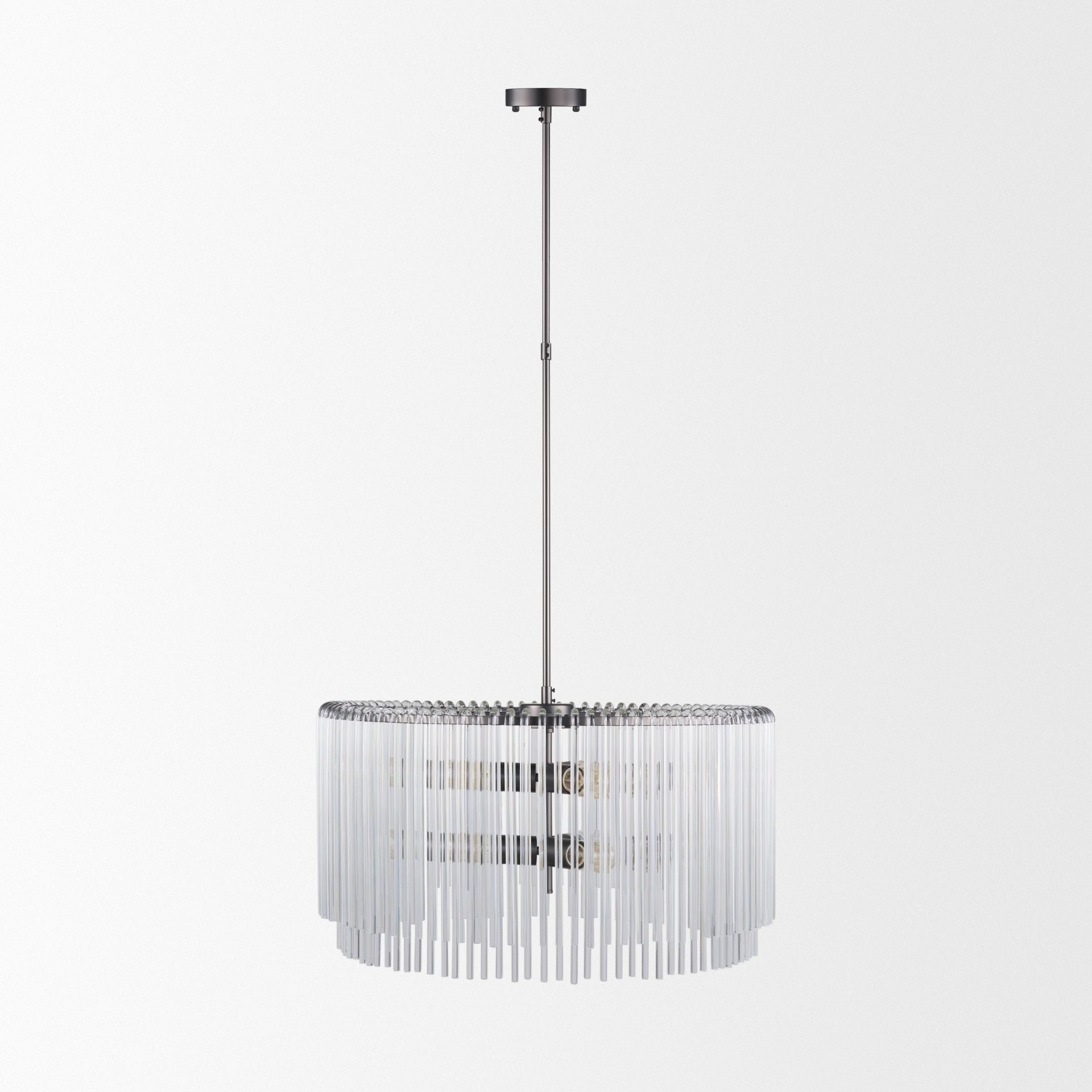 Anna (26'x14') Hanging Gun-Metal with Clear Glass Rods Six Bulb Chandelier, by Mercana, 26" length x 26" width x 14" height View 3