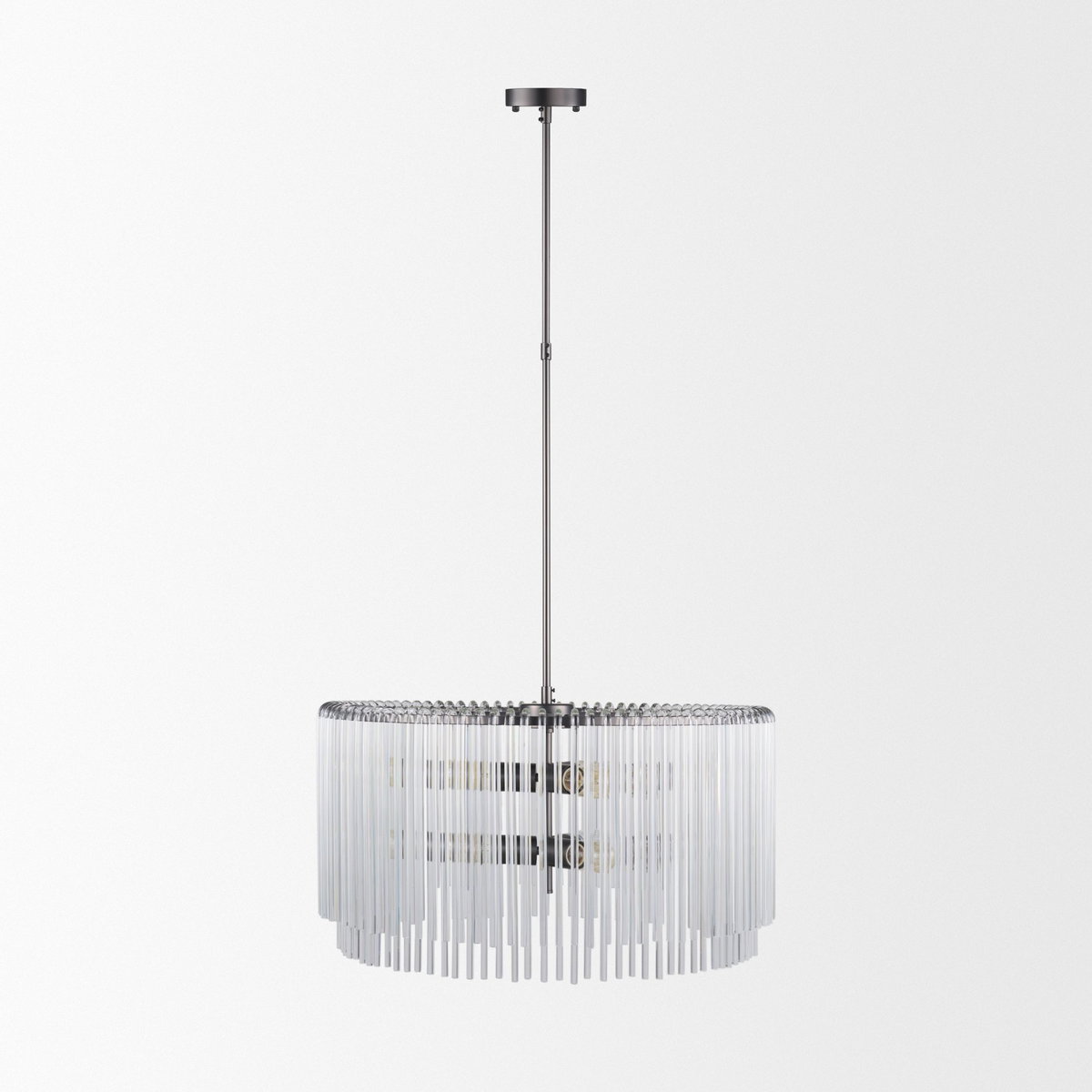 Anna (26'x14') Hanging Gun-Metal with Clear Glass Rods Six Bulb Chandelier, by Mercana, 26" length x 26" width x 14" height View 3