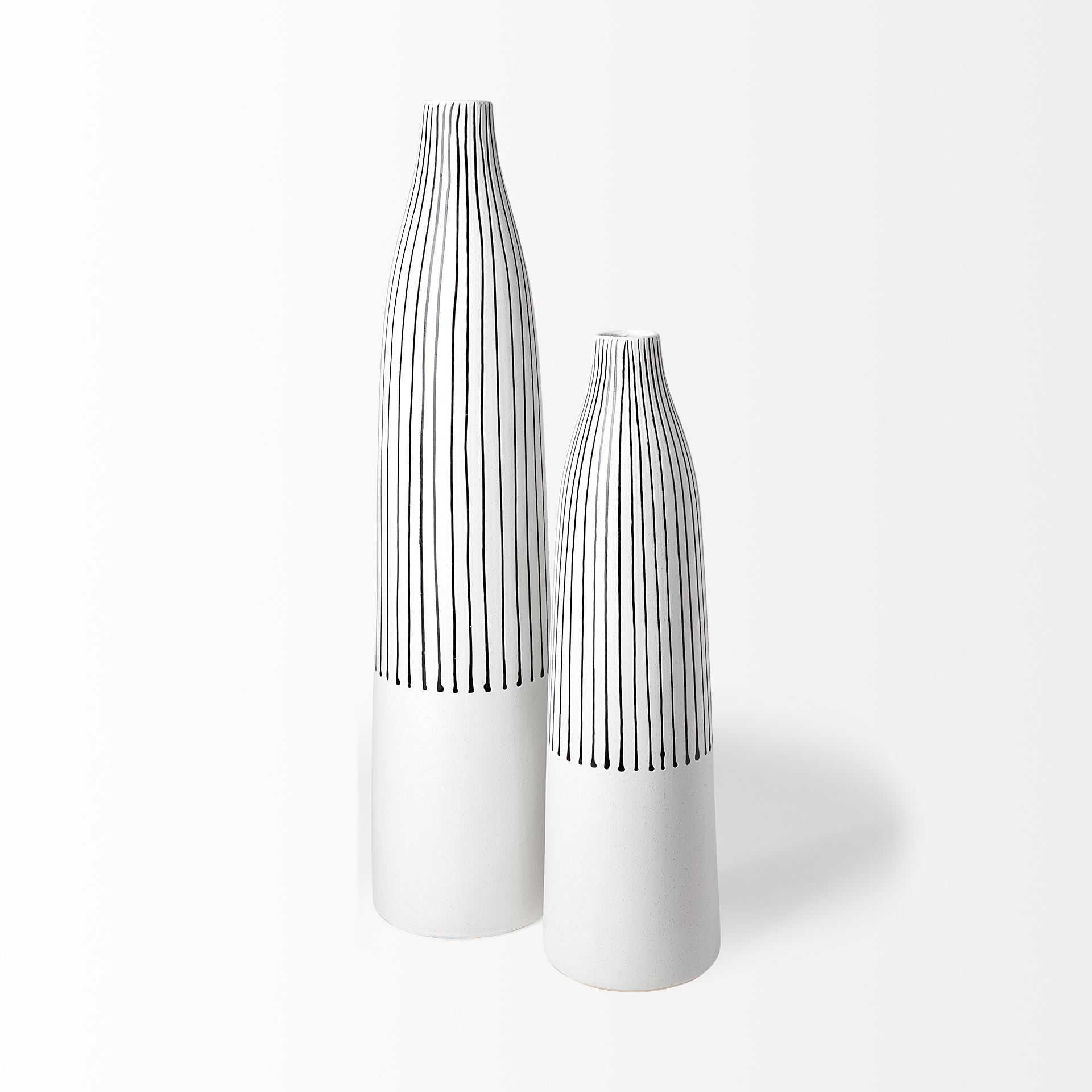 Kira I Small White Pinstripe Ceramic Vase, by Mercana, 4.92" length x 4.92" width x 17.72" height View 5