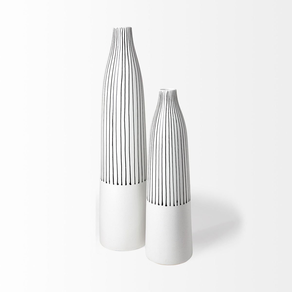 Kira I Small White Pinstripe Ceramic Vase, by Mercana, 4.92" length x 4.92" width x 17.72" height View 5