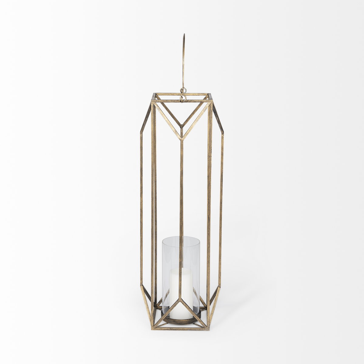 Ivy Large Gold Metal Geometric Cage Candle Holder Lantern, Lighting by Mercana, 10.24" length x 10.24" width x 36.02" height View 6