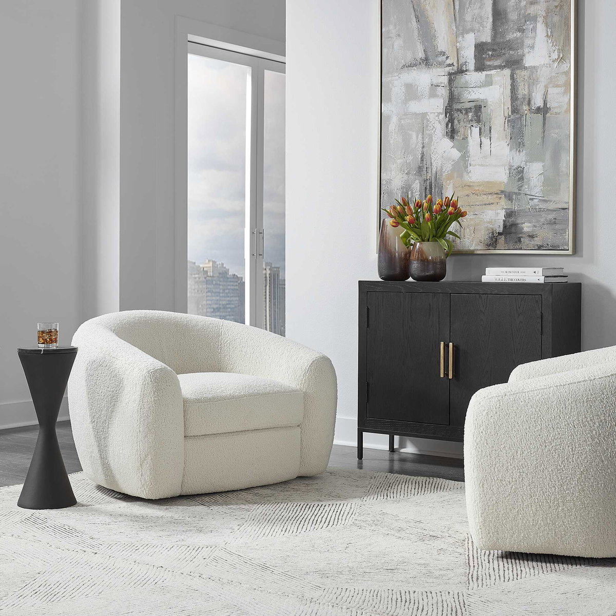 Capra Art Deco White Swivel Chair, Accent Chair by Uttermost, 43" width x 28" height x 37" depth View 2