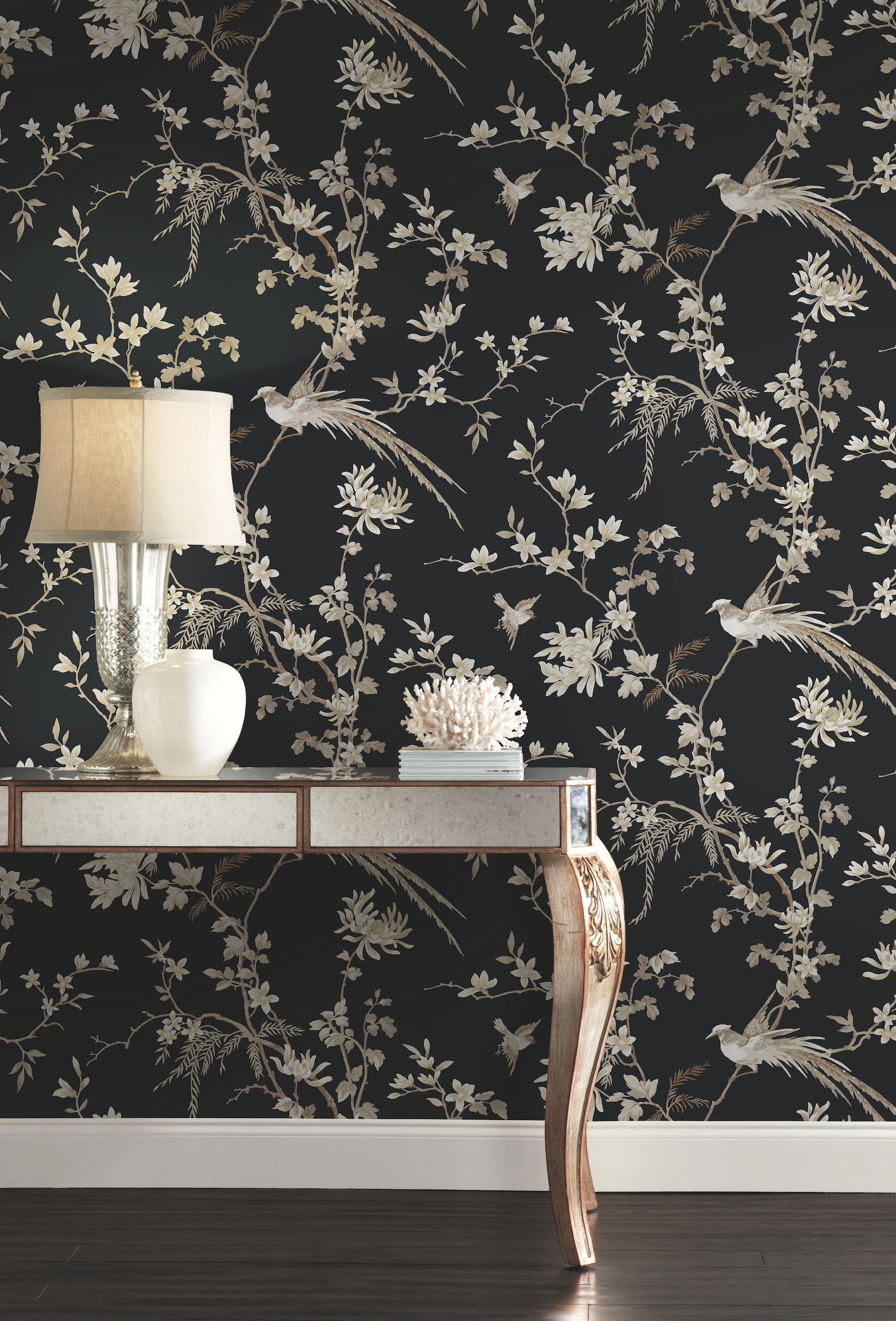 Bird & Blossom Chinoserie Black Wallpaper large image 