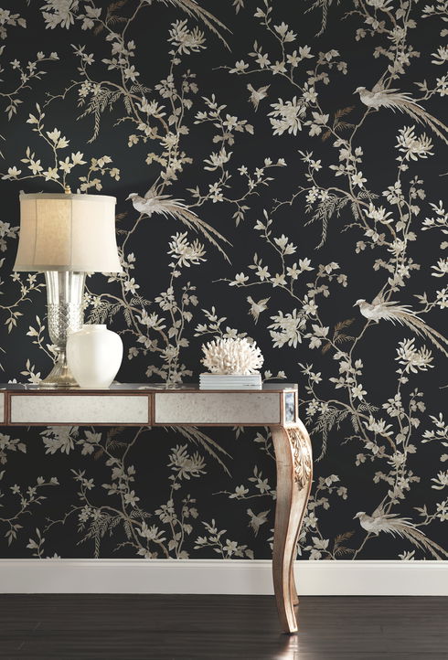 Bird & Blossom Chinoserie Black Wallpaper